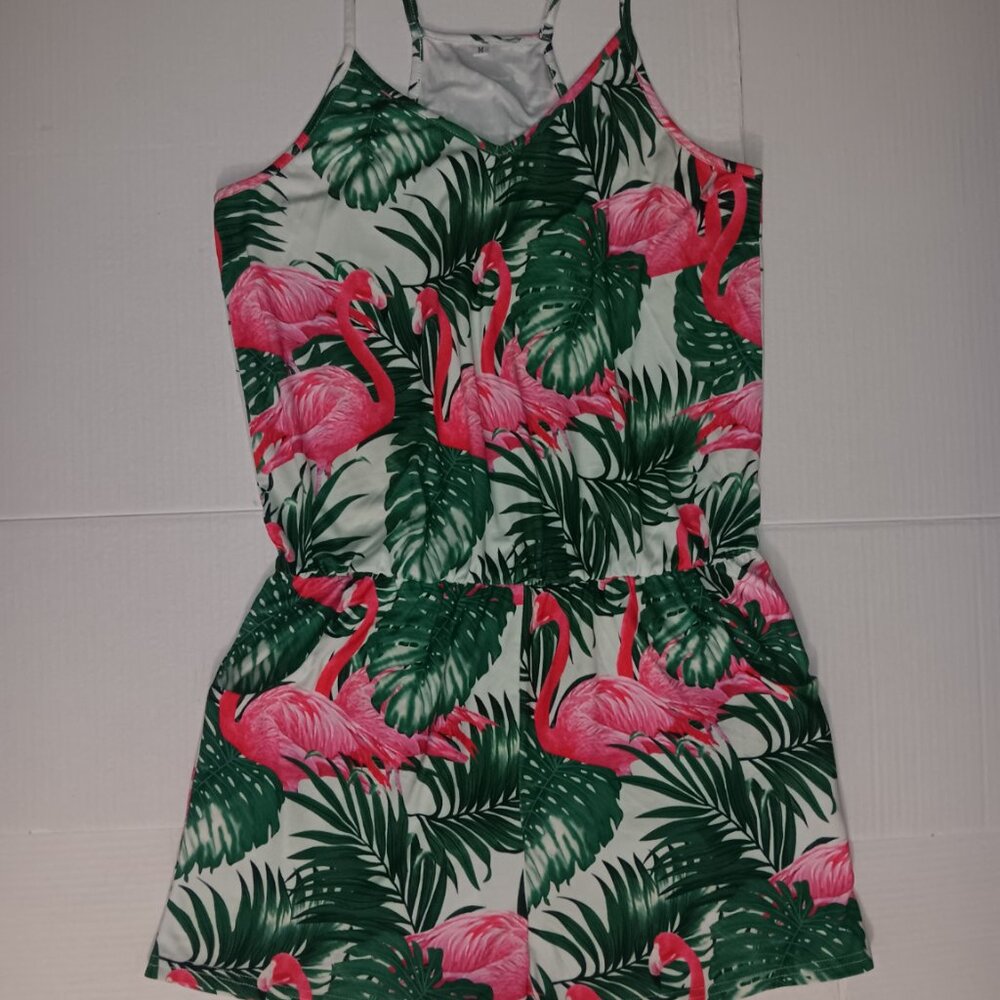 WOMEN'S FLAMINGOS TROPICAL LEAVES POCKET ROMPER - Picture 7 of 12